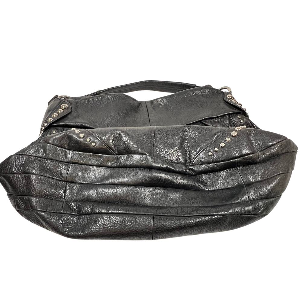 B. Makowsky Hobo Bag Purse Black Pebbled Leather Silver Studded Leopard Lining - Picture 5 of 11